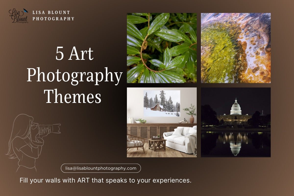 Five wall decor art photography themes. Nature inspired includes - abstract, botanical, animals, landscapes and landmarks. Picking the right theme for each room.