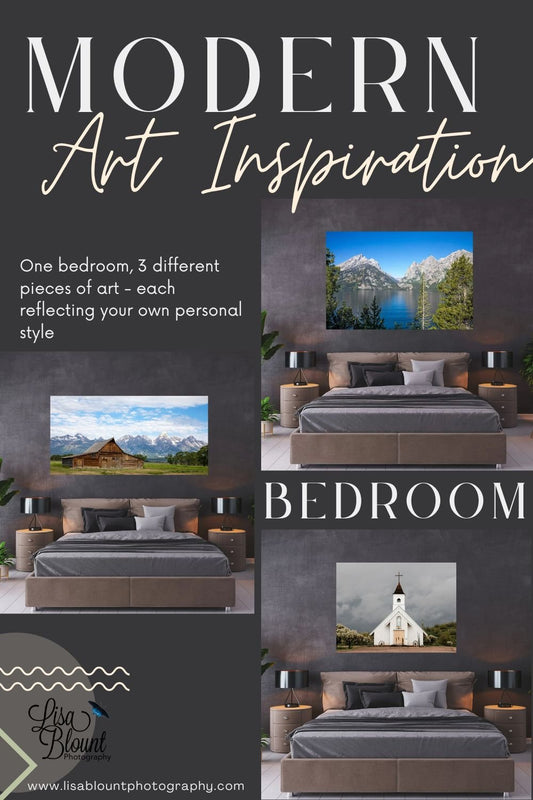 Modern Art Inspiration for Bedroom featuring 3 art pieces on dark gray walls