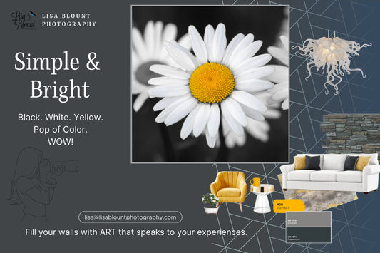 Yellow and white moodboard featuring large colorized art of wild daisy