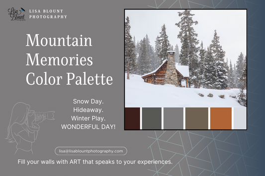 Color Palette for Snowy cabin winter scene called Mountain Memories featuring art by Lisa Blount Photography