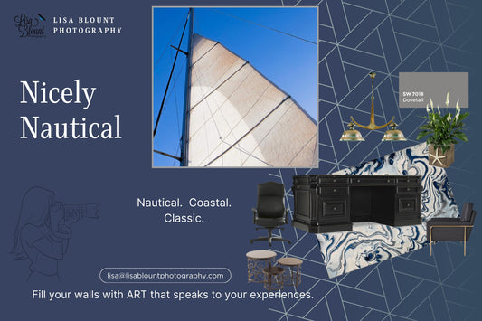 nautical themed moodboard featuring boat sail in dark room