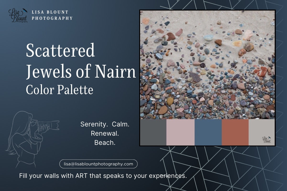 Nairn Beach Scotland color palette with blues, neutrals, pink, gray. Scattered Jewels of Nairn large wall art decor decorating ideas.