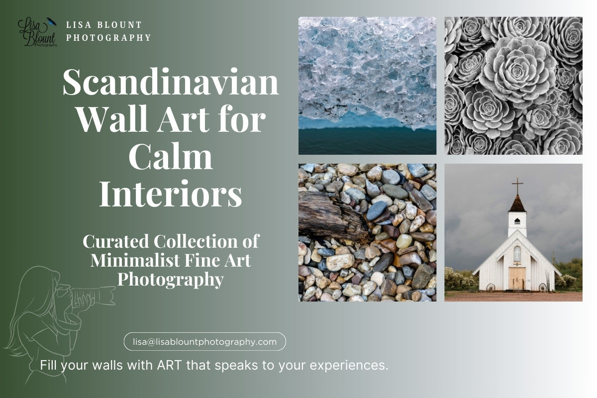 Scandinavian wall art collection banner featuring minimalist fine art photography including ice textures, black and white succulents, smooth river stones, and a white church—all in a calm, neutral layout by Lisa Blount Photography.