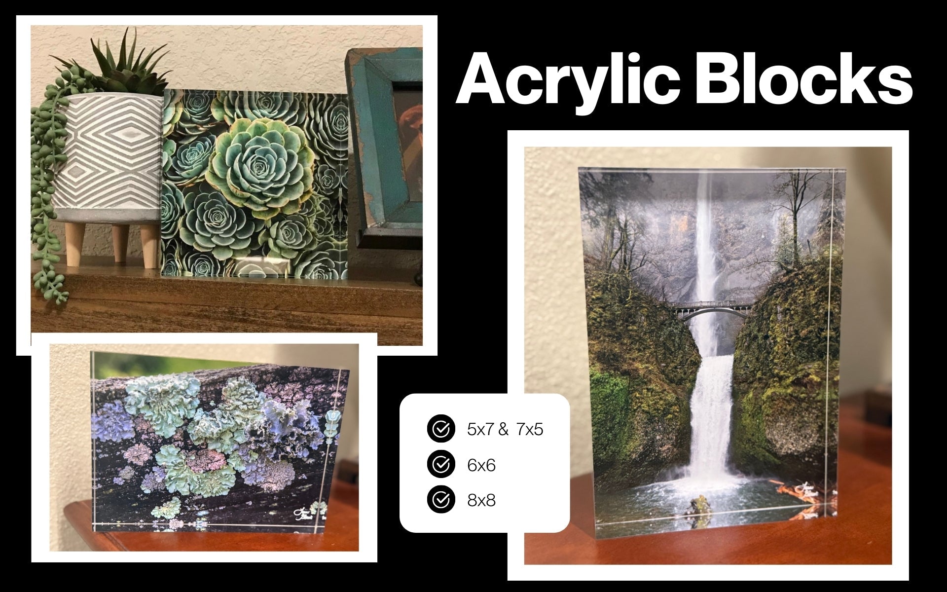 Acrylic block art display featuring small fine art photo blocks on a mantle and desk with office lighting.