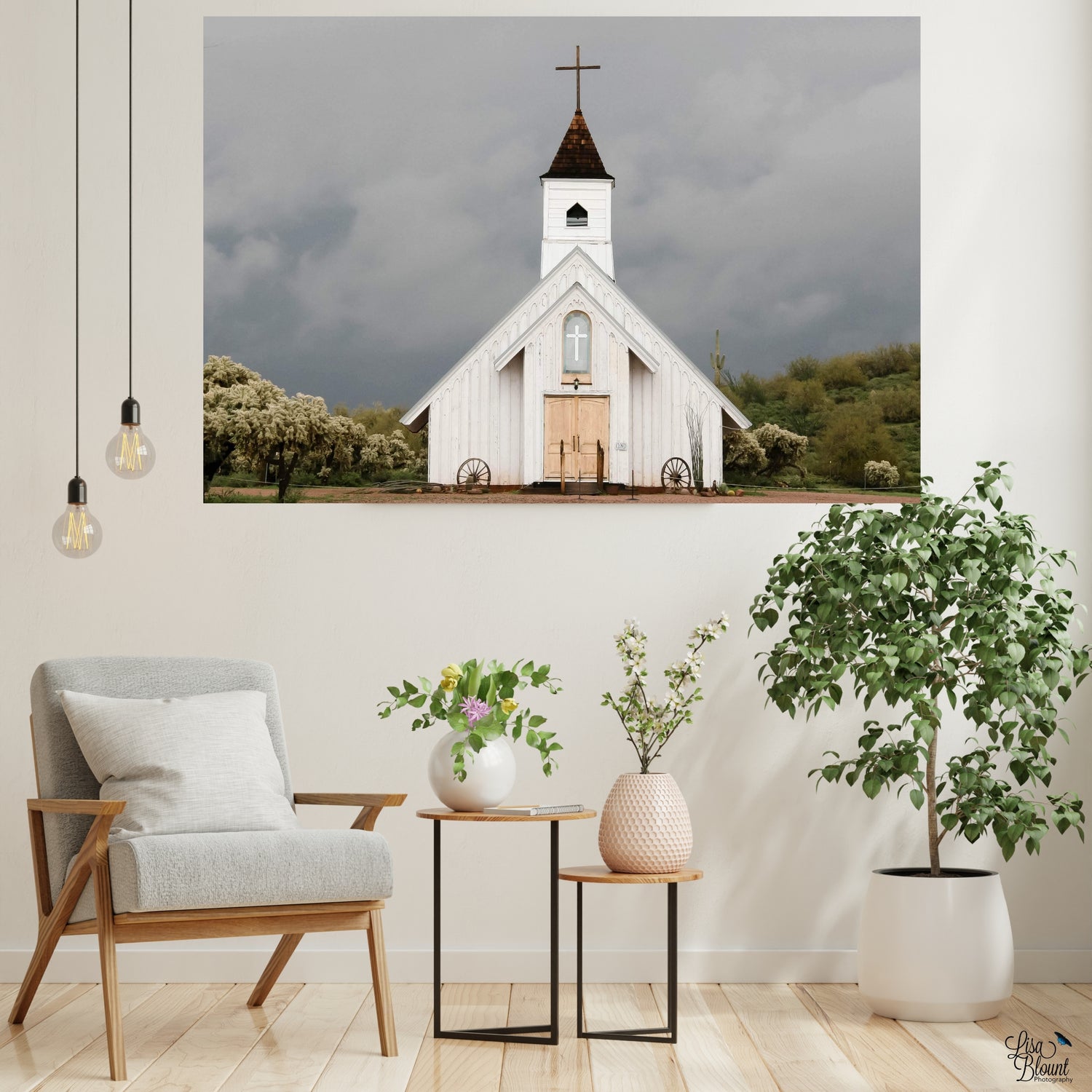 White church large acrylic art hanging in sitting area space Lisa Blount photography