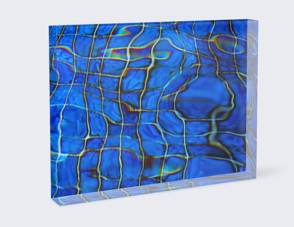 5x7 acrylic block of Color of Chaos Contemporary wall decor featuring water reflections and vibrant abstract design