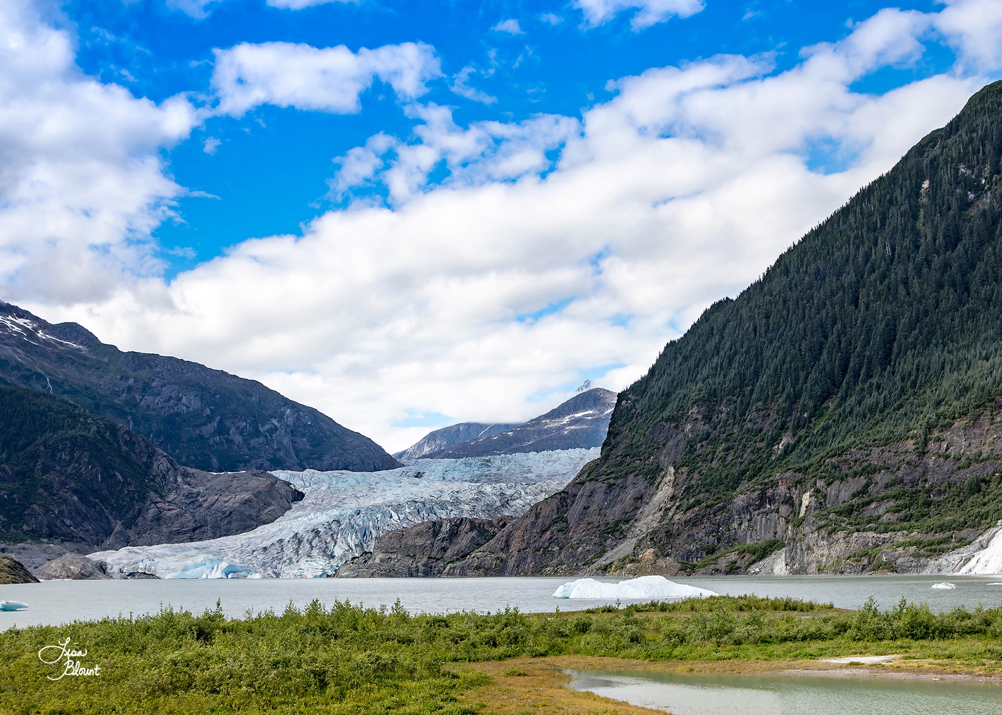 Acrylic block showing Mendenhall Glacier in Juneau, Alaska with Nugget Falls, floating ice, and glacier-blue water