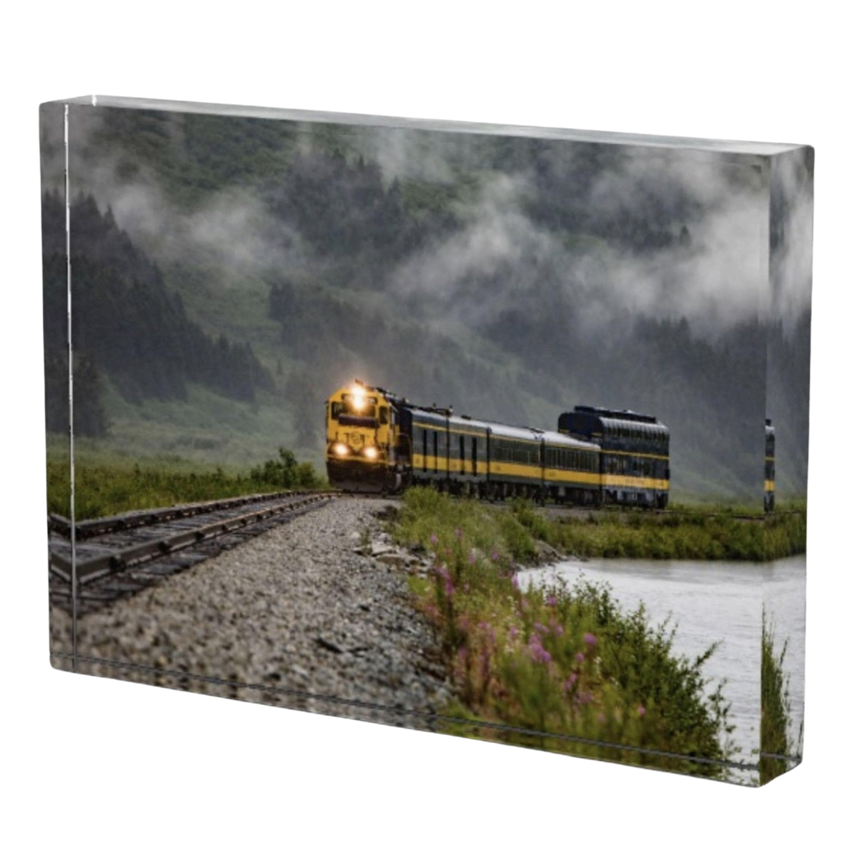 Aboard Alaska acrylic block – 5x7 desk and shelf art featuring the Glacier Discovery Train in Alaska, fine art photography by Lisa Blount