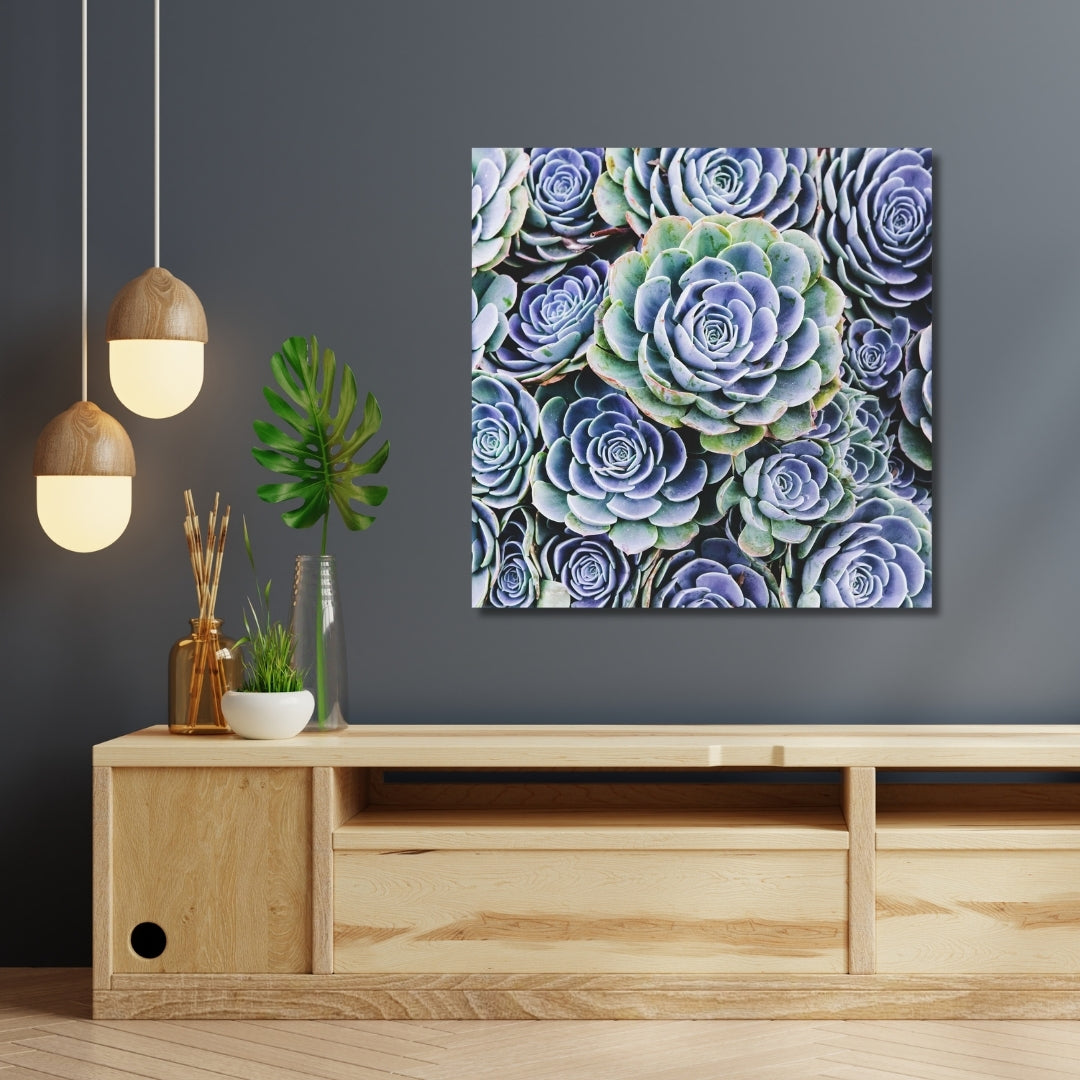 Blue Succulent wall art displayed above a natural wood bench in a bright neutral living room with light floors and soft décor.