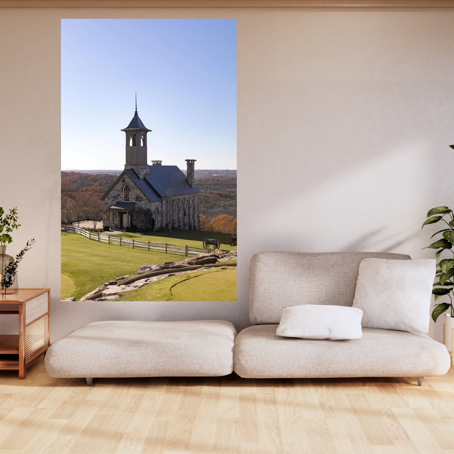 neutral living area view with top of the rock church fine art large wall decor