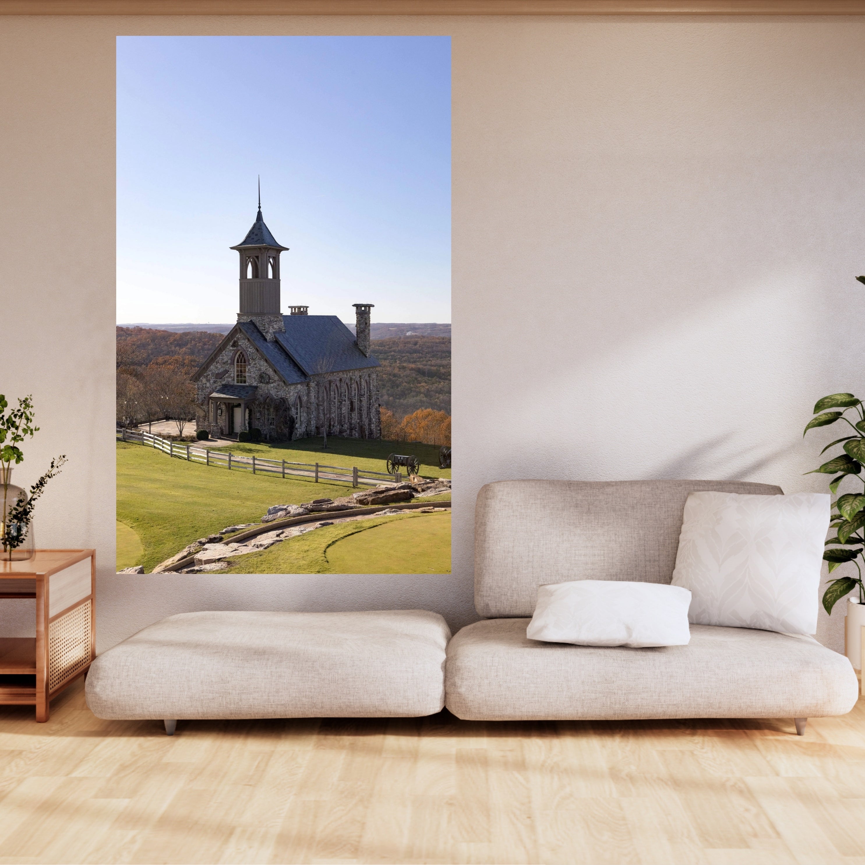 Top of the rock church in fall large wall art hanging in a neutral living space.