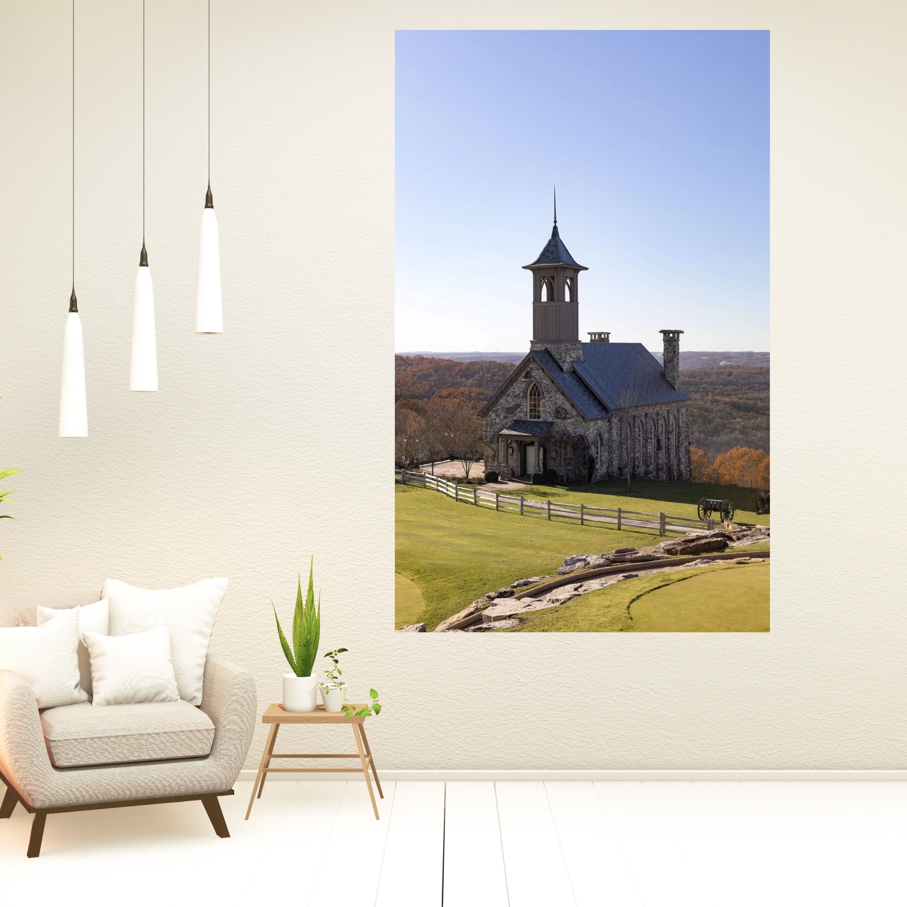 Ridgedale Missouri church in the fall large landscape photography wall decor hanging in a neutral sitting space.