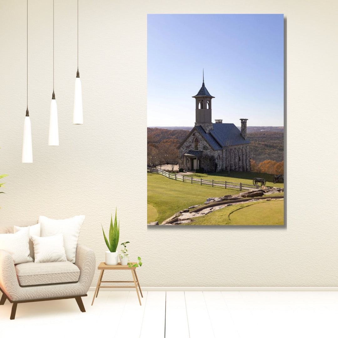 Ridgedale Missouri church in the fall large landscape photography wall decor hanging in a neutral sitting space.