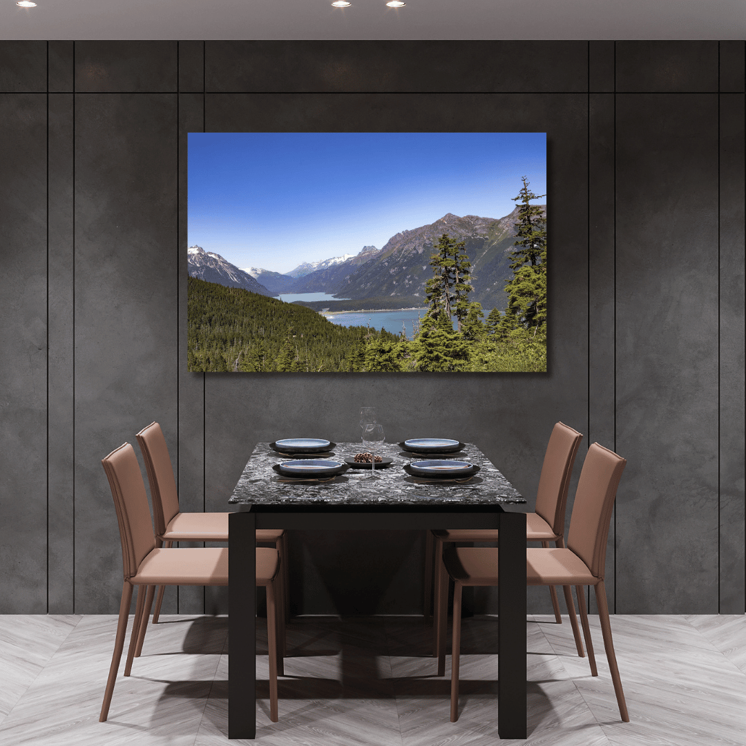 Chilkoot Lake large fine art photography hanging on dark black gray wall in conference room or dining area