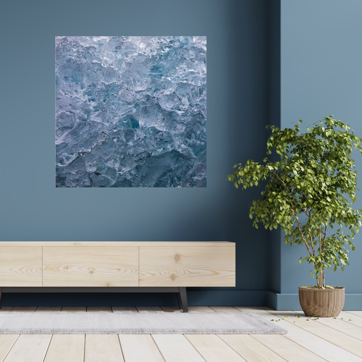 large acrylic photograph of macro detailed iceberg from alaska hanging above natural bench on steel blue wall