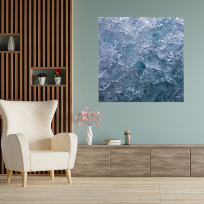 large art of blue iceberg hanging on mint green wall in casual sitting area