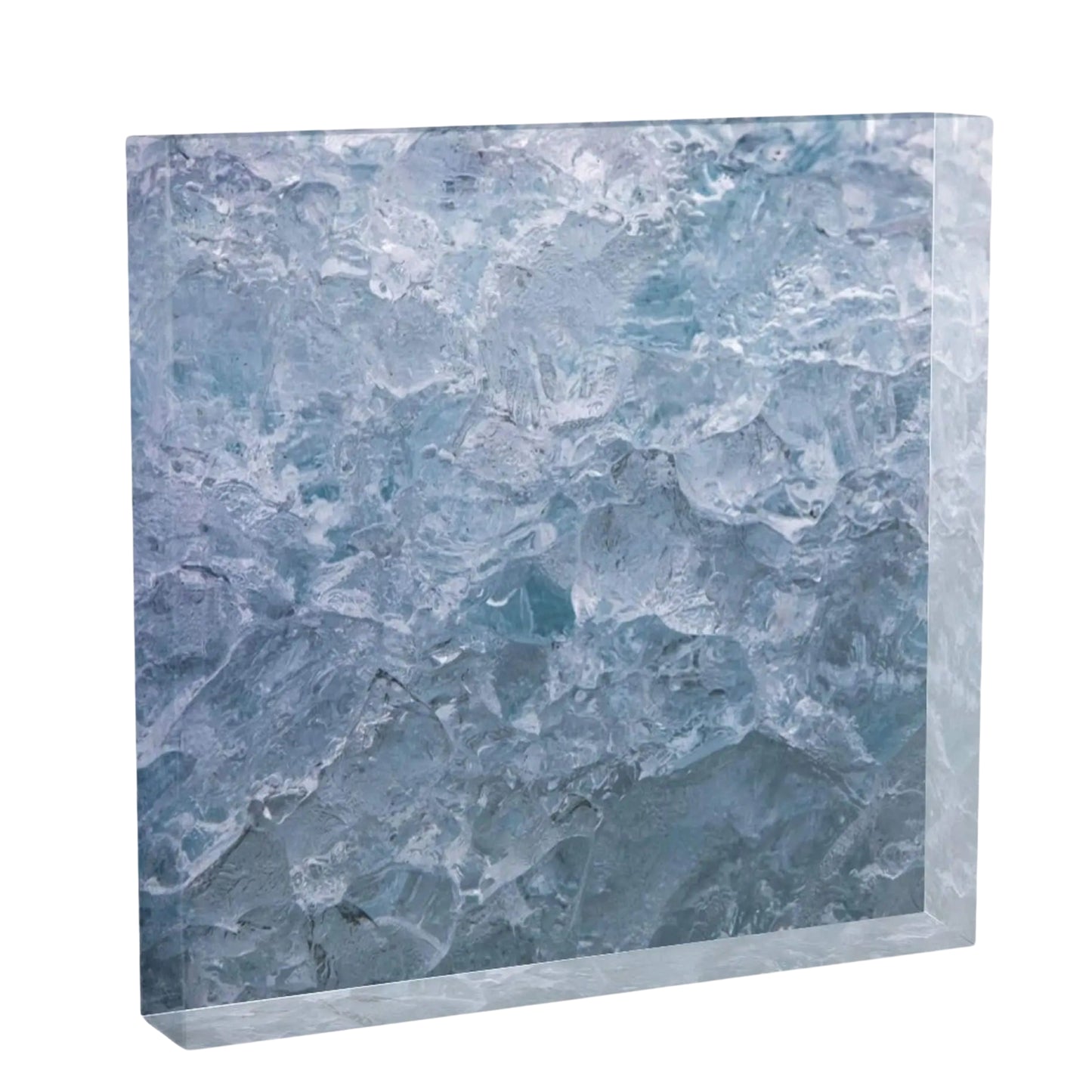 6x6 square acrylic block of Spencer Glacier ice floating in the lake unbelievable close detail of the ice