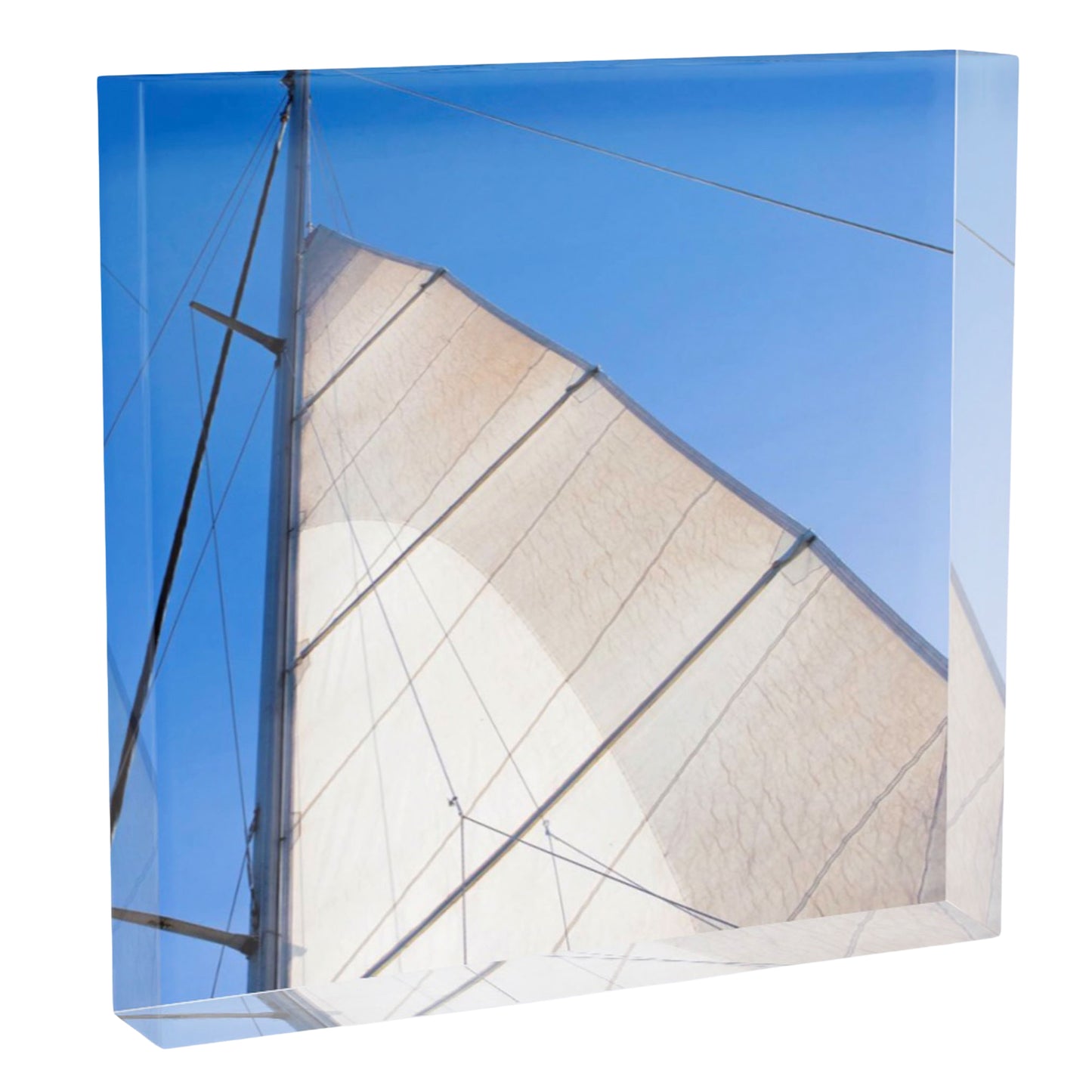 6x6 acrylic block of sailboat sail and mast looking upward shelf decor