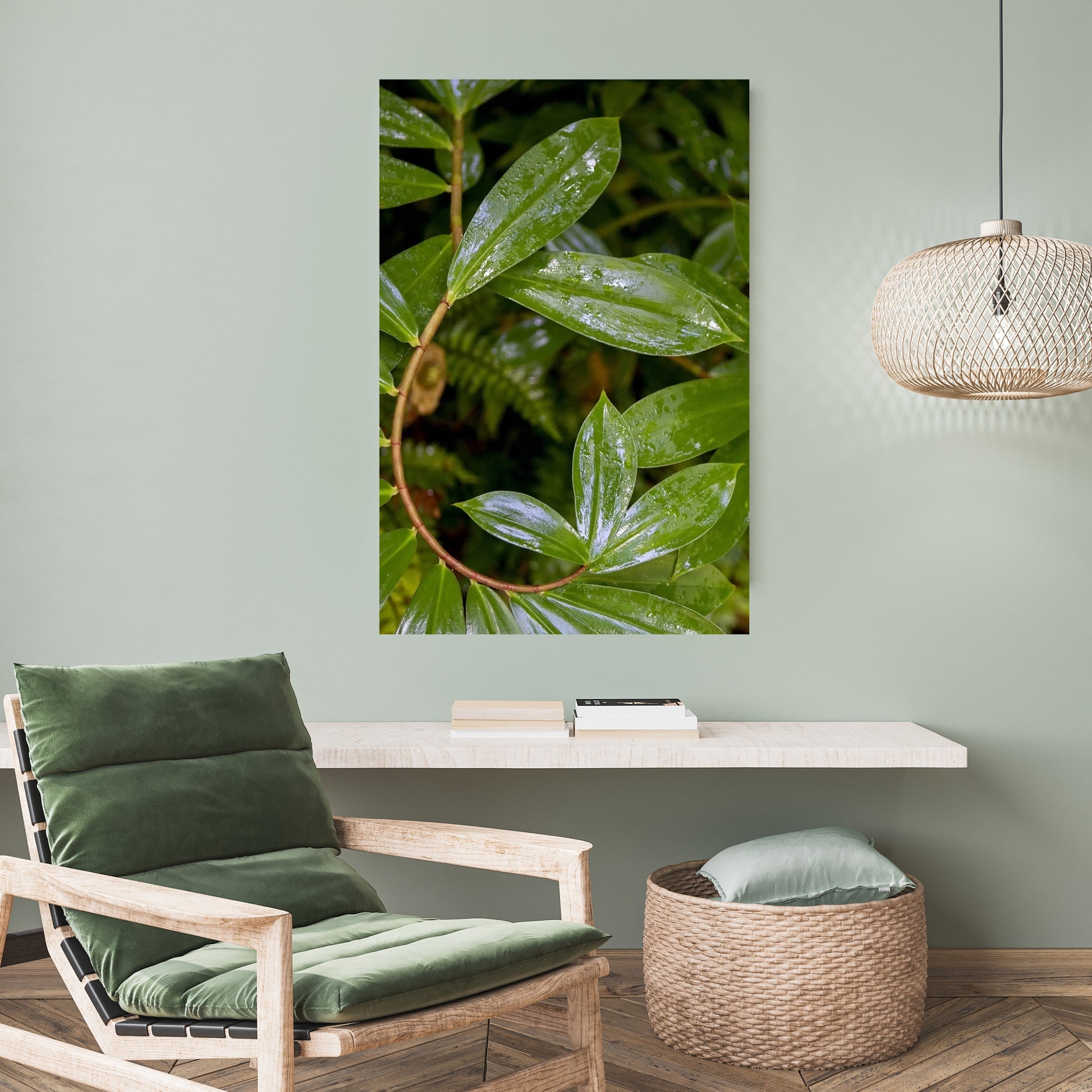 spiral ginger curvy plant art hanging in neutral mint green room