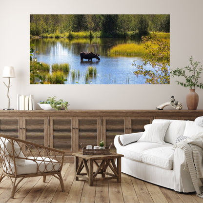fall themed large art of moose drinking water in wyoming hanging above a farmhouse large credenza