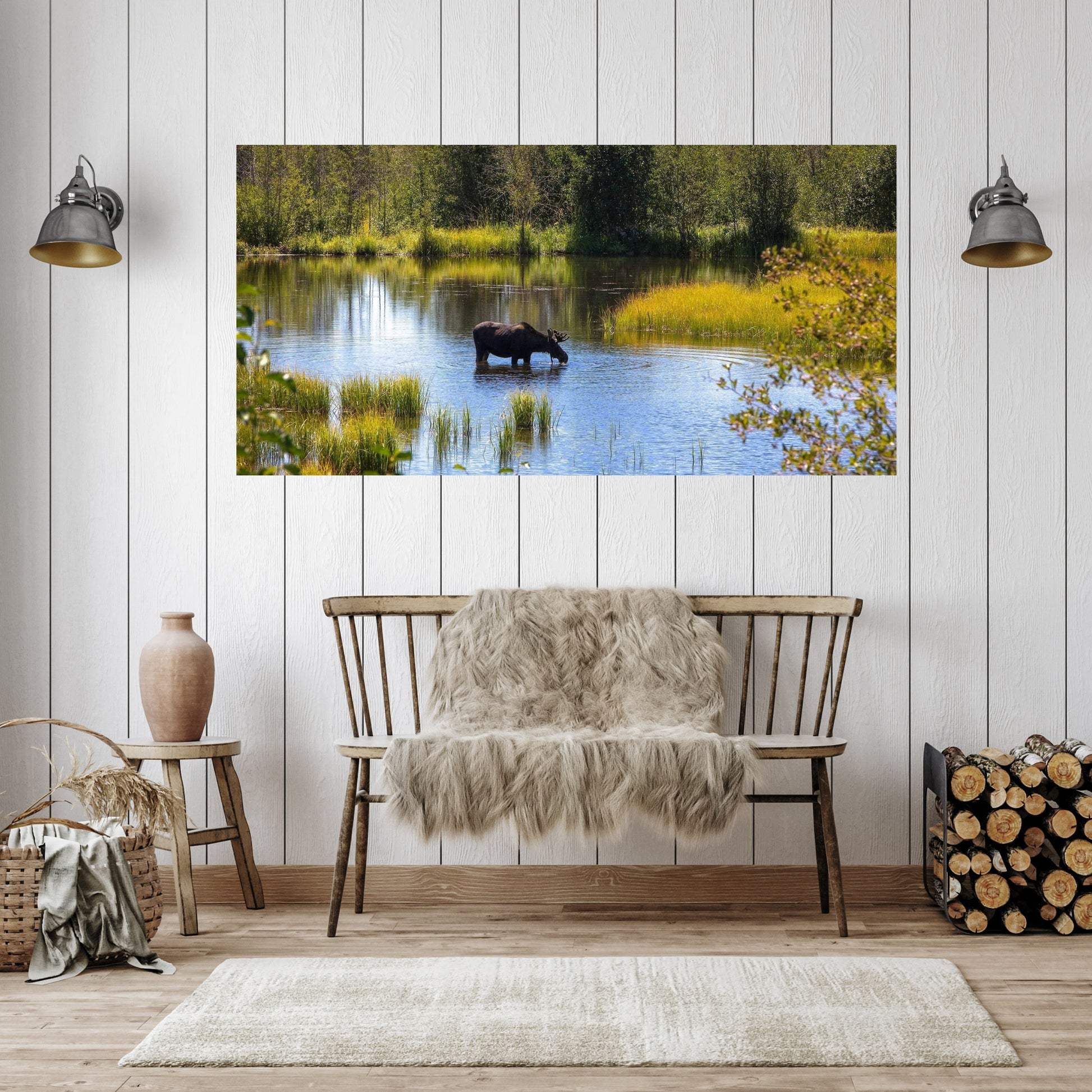 large acrylic metal picture of moose drinking water in wyoming hanging above farmhouse themed wooden bench