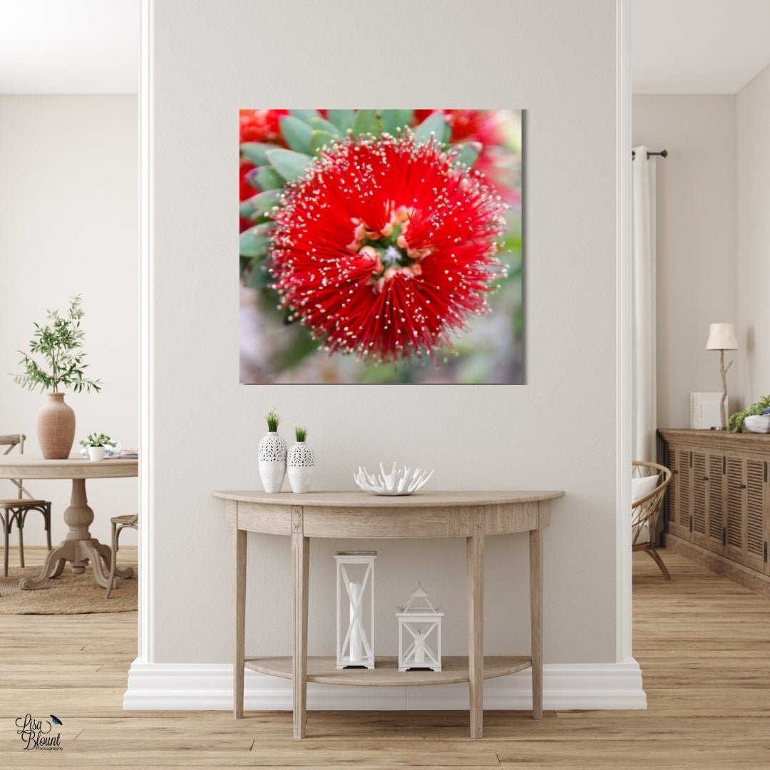Red bottlebrush flower wall art hanging above a light wood entryway console table in a bright, neutral room.