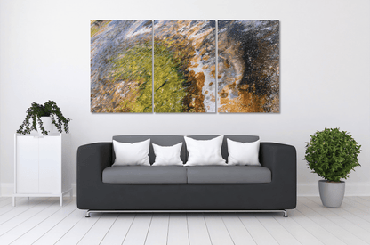 Triptych of Yellowstone colorful mudpot pool wall decor over couch