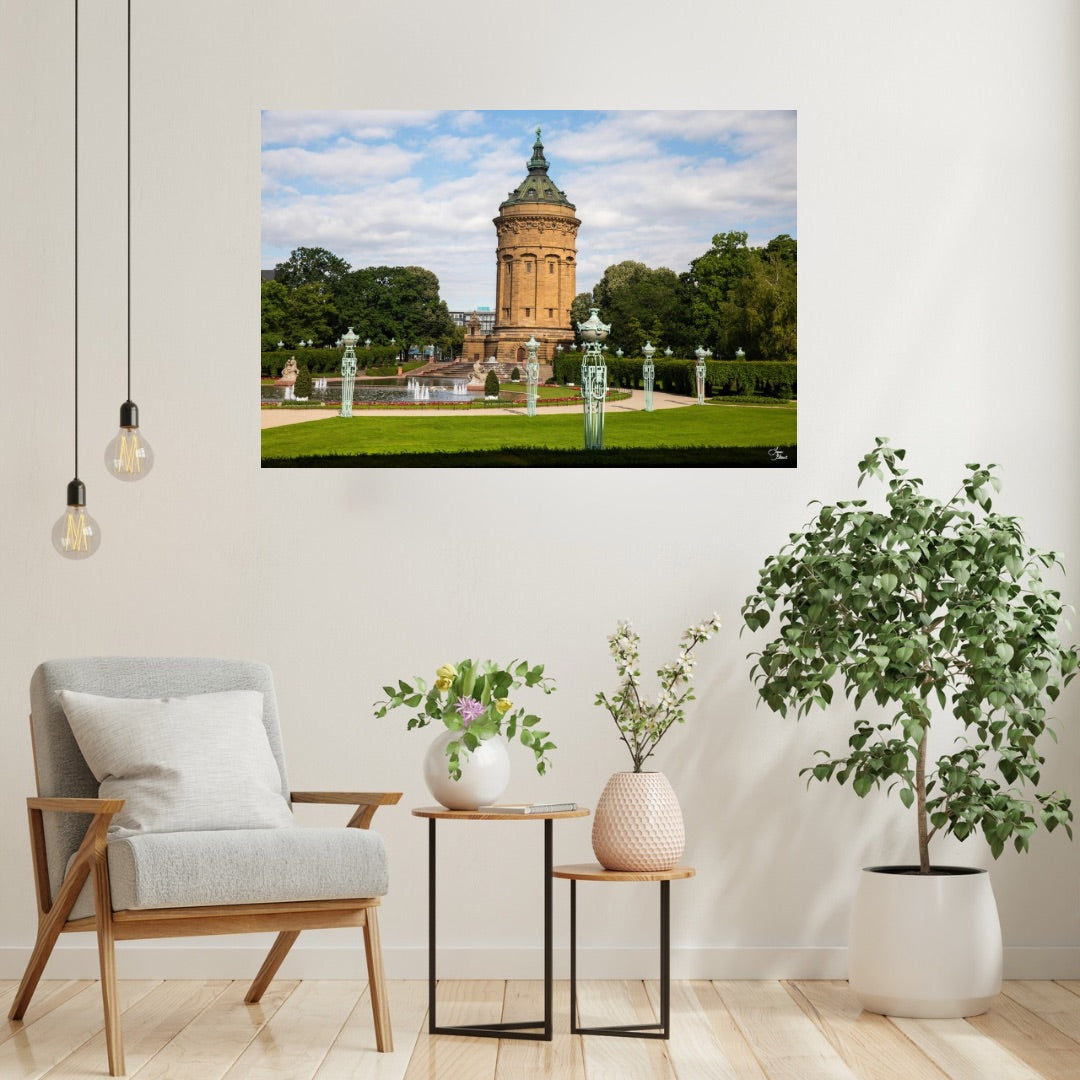 Mannheim Germany square with water tower - large wall art hanging in sitting room