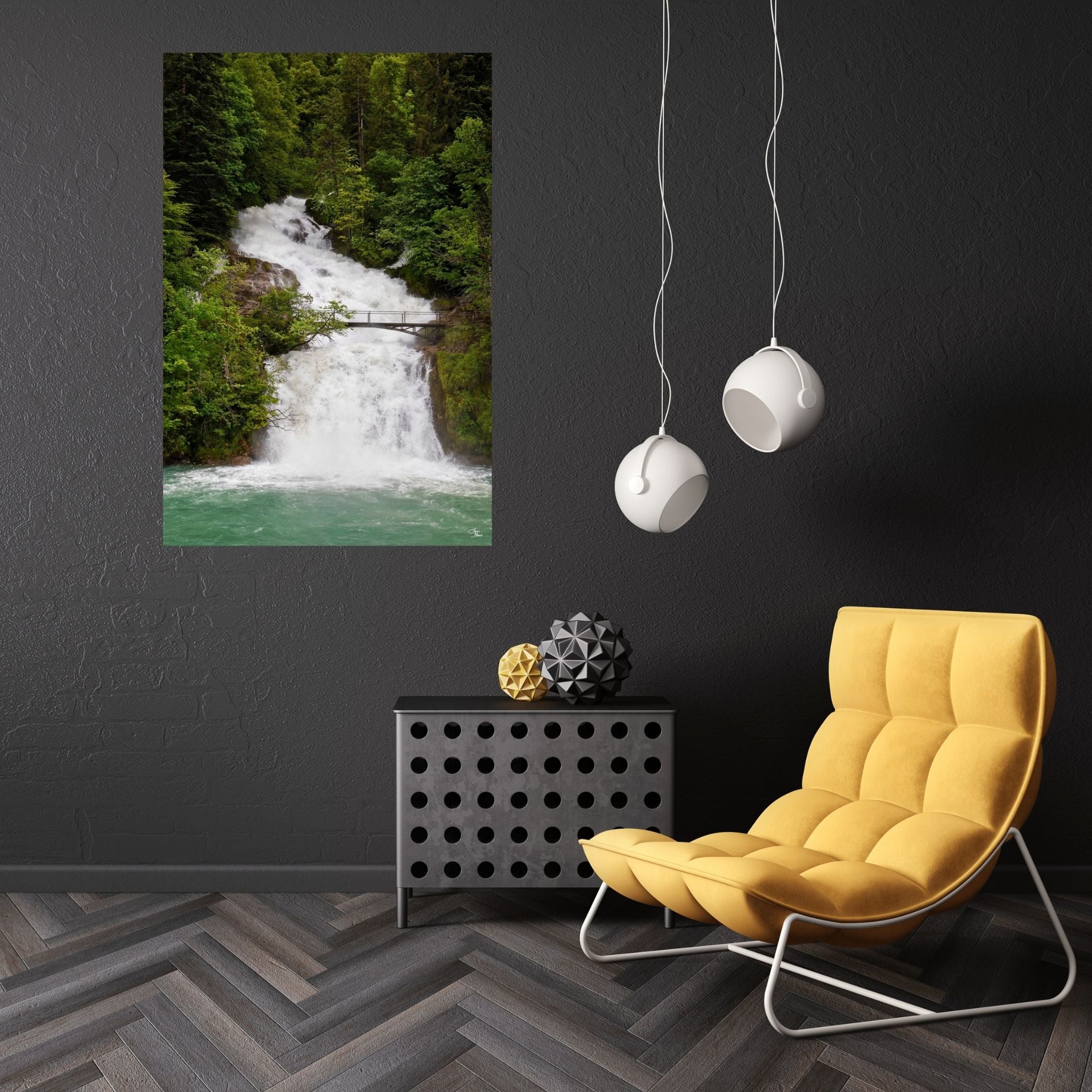 Giessback Falls large wall art hanging on a dark gray wall with a yellow chair