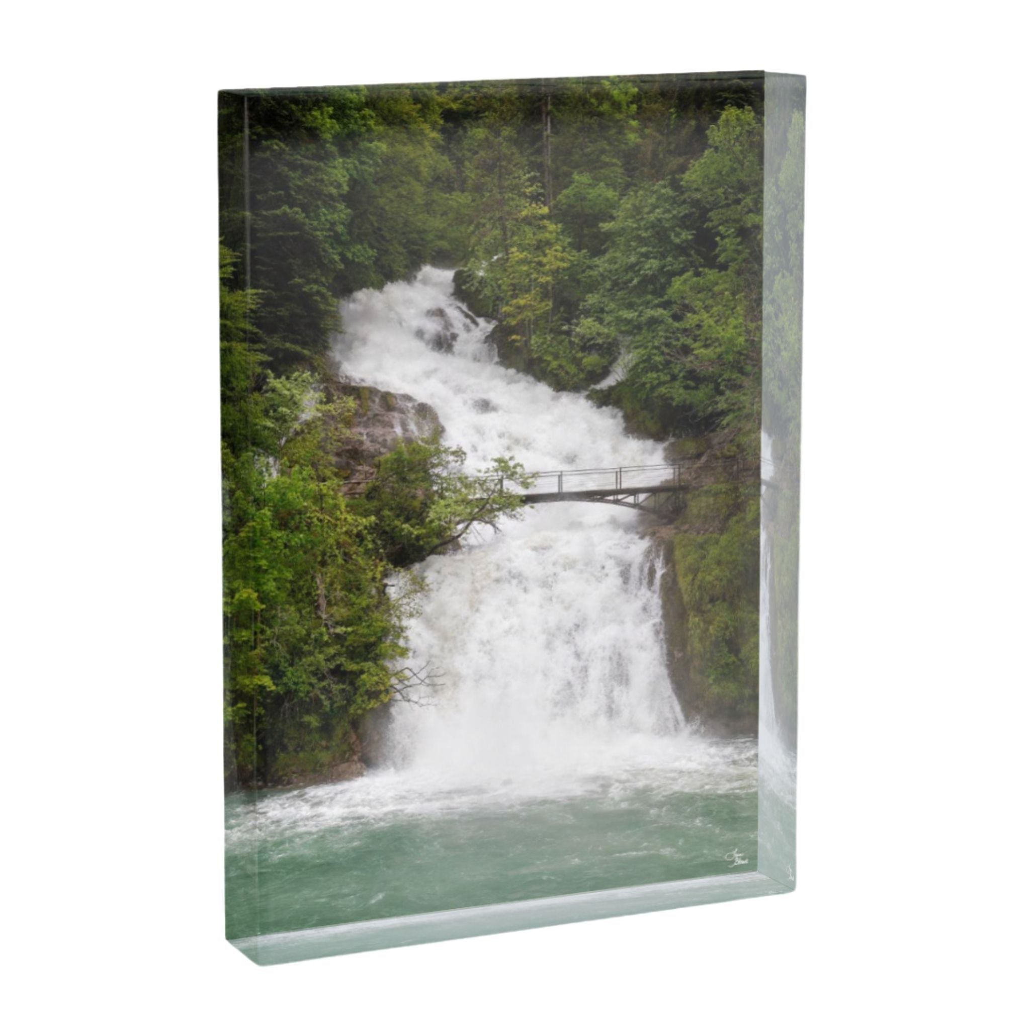 5x7 Acrylic block shelf decor of Giessbach Falls lower cascade in Interlaken Switzerland where it reaches Lake Brienz