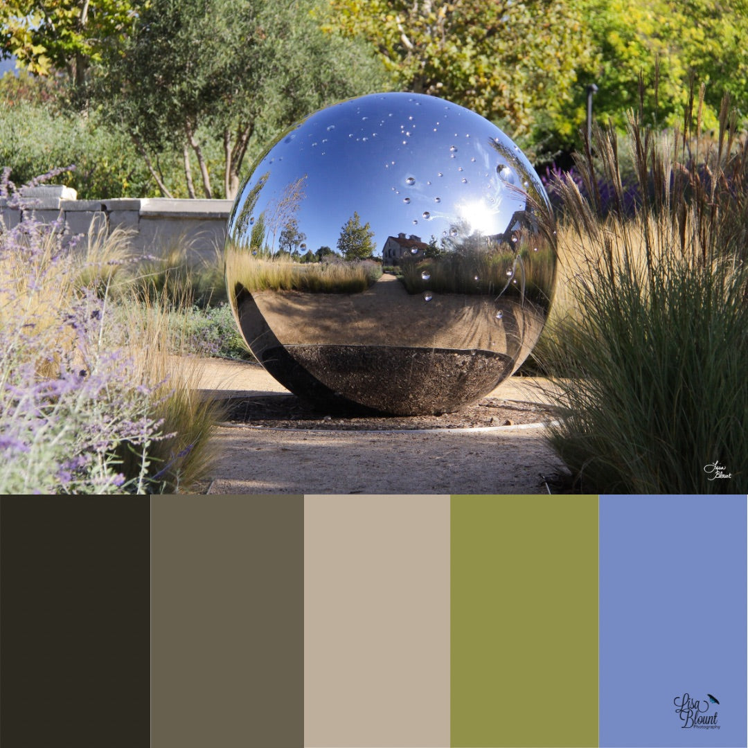 Blue Brown Color Palette for Hall Gazing Ball reflecting nature in art - California Saint Helena Napa