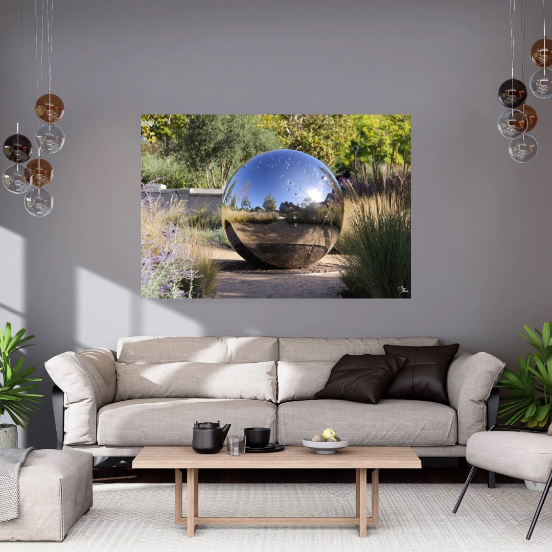 Brown Grey Greige room decor with hall gazing ball large art wall decor hanging on the wall