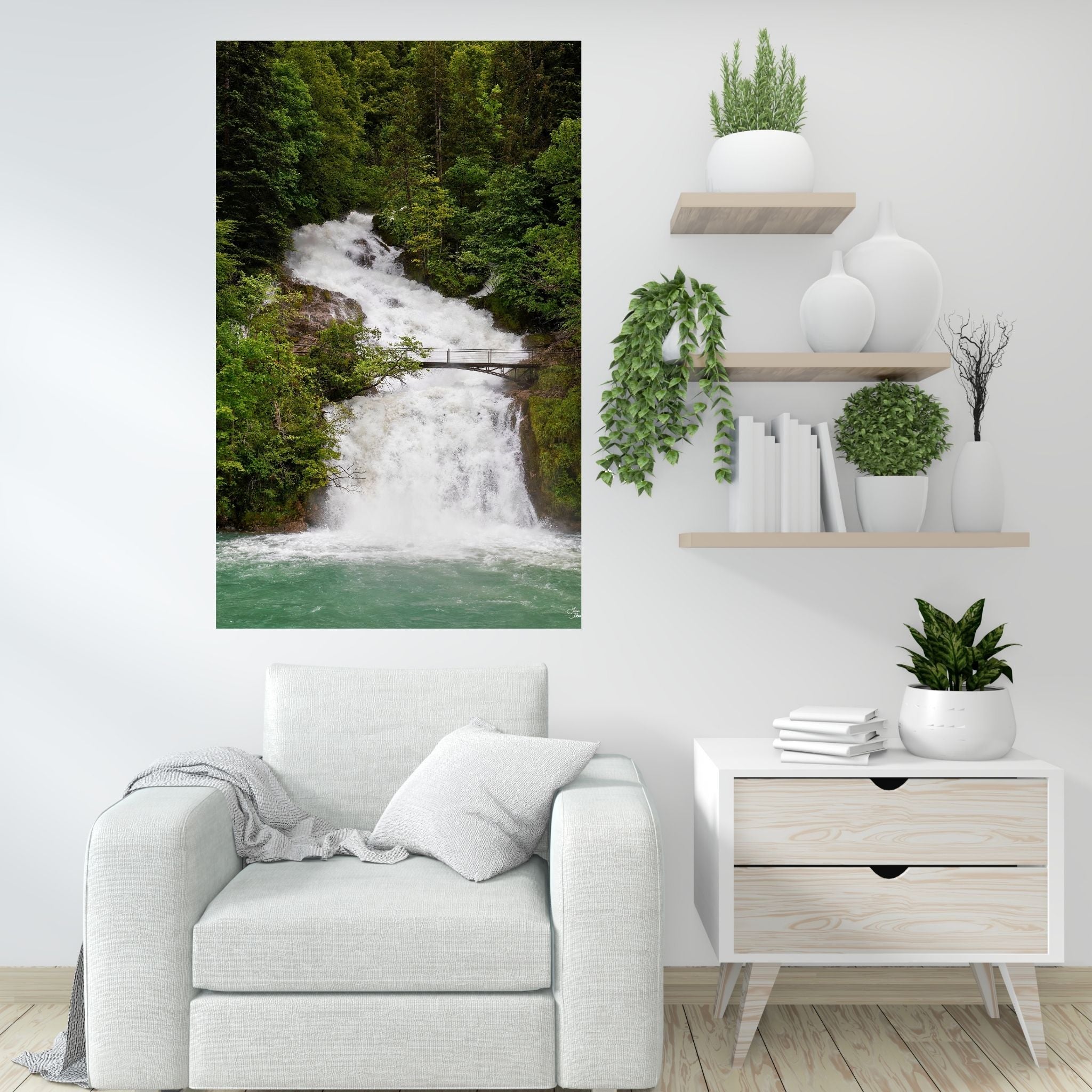 Waterfall in Interlaken Switzerland wall art hanging in white room above a white chair - Giessback Falls Lake Brienz by Lisa Blount Photography