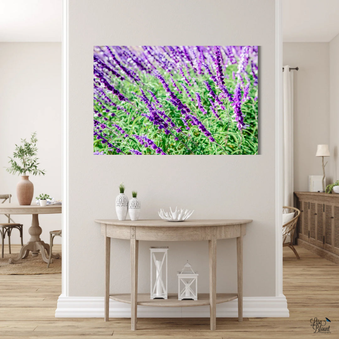 Blooming lavender wall decor on acrylic hanging in white farmhouse style hallway