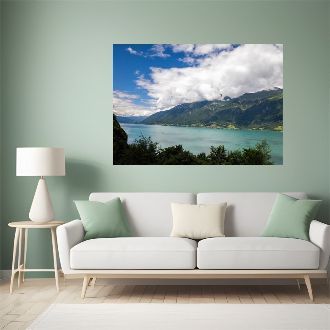 Lake Brienz fine art photography wall decor hanging in light green room over white couch