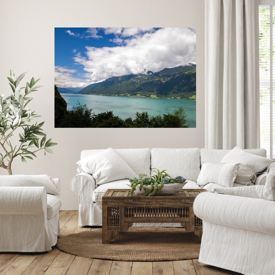 Lake Brienz Switzerland large art hanging in neutral white living room.