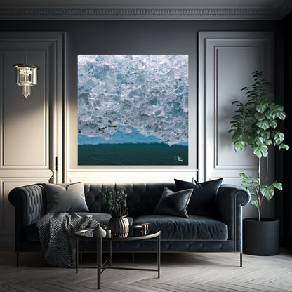 Upscale living room decor in grey featuring art of blue teal ice