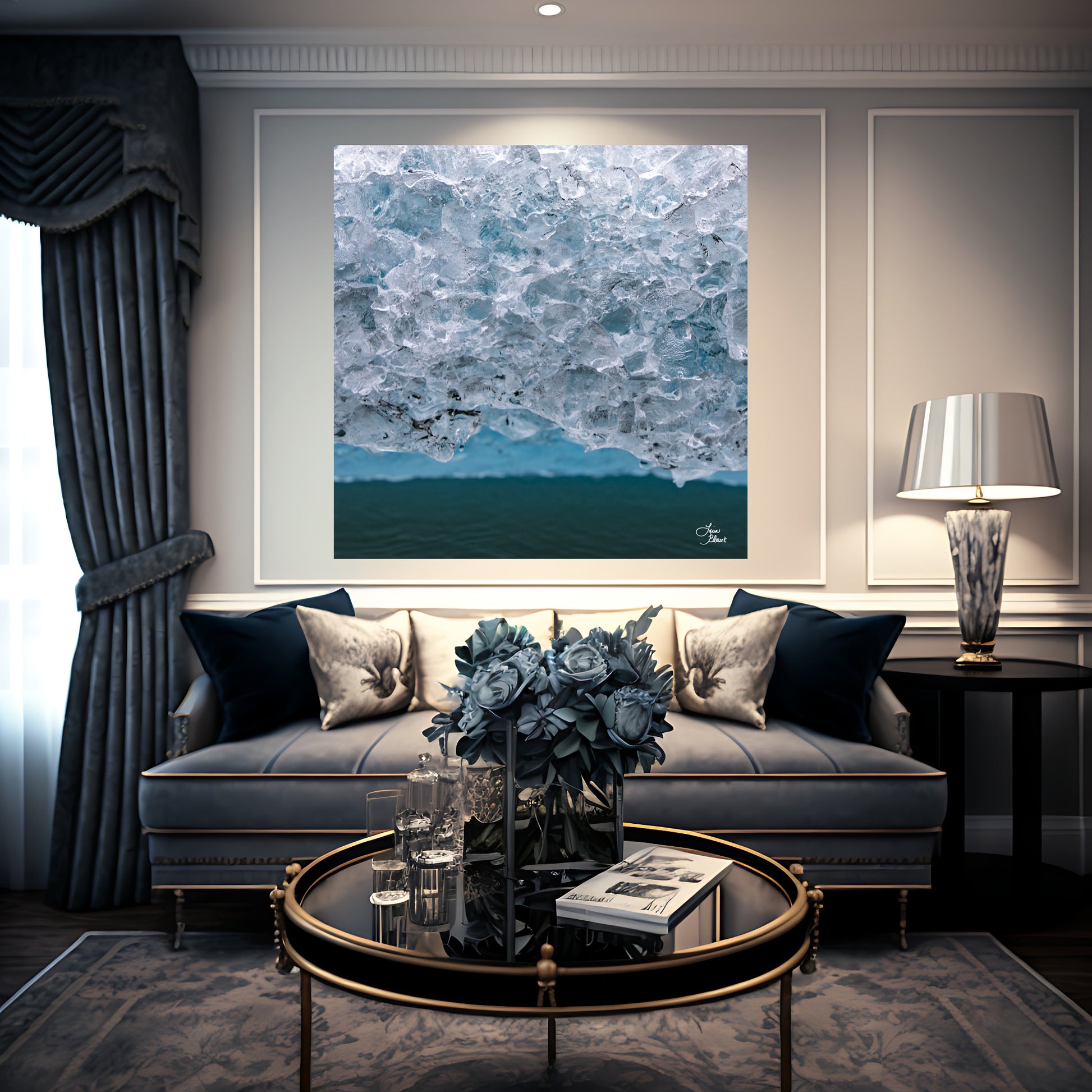 Beautiful home decor of velvet couch living room with light grey walls featuring blue teal ice art
