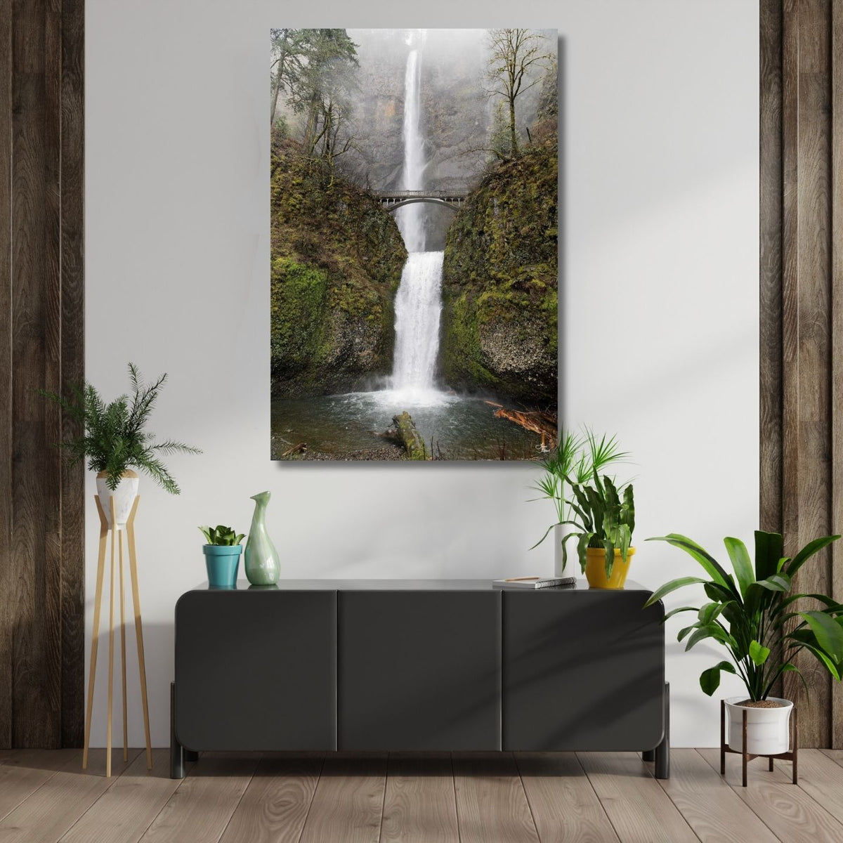 Large Multnomah Falls fine art displayed above credenza in hallway.
