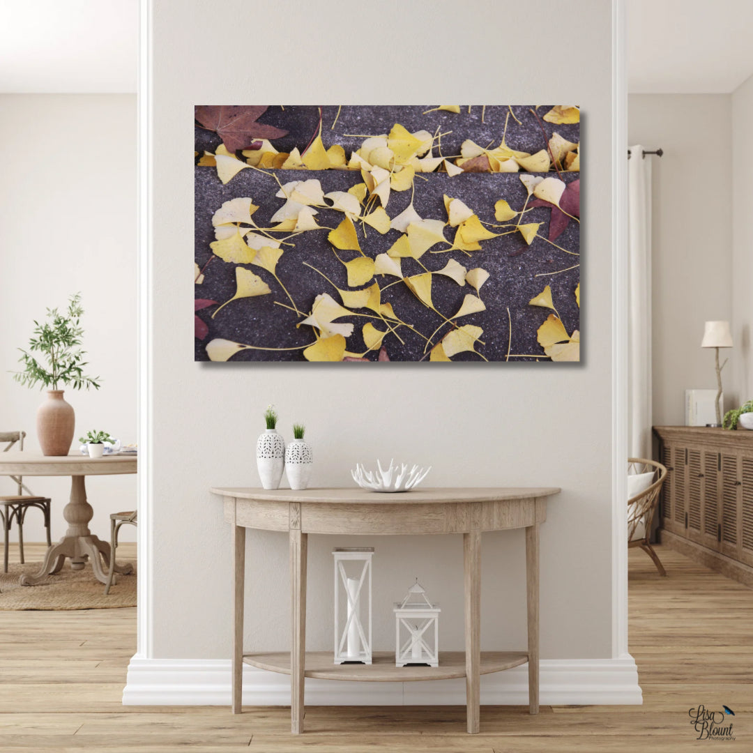 Yellow ginkgo leaves wall decor hanging in white casual hallway