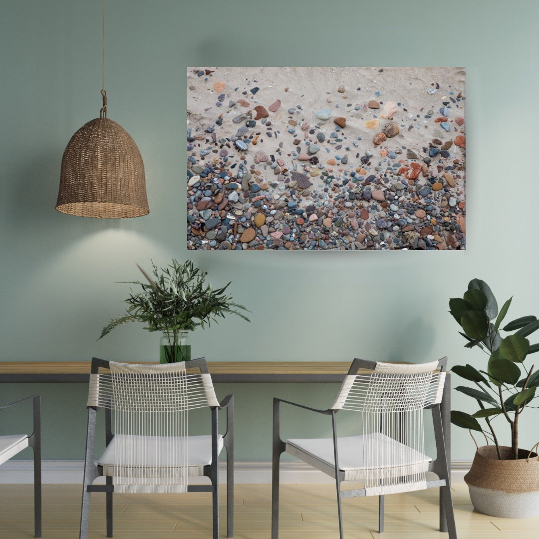Mint green walls with a 30x20 abstract art of rocks and sand from Nairn Beach Scotland