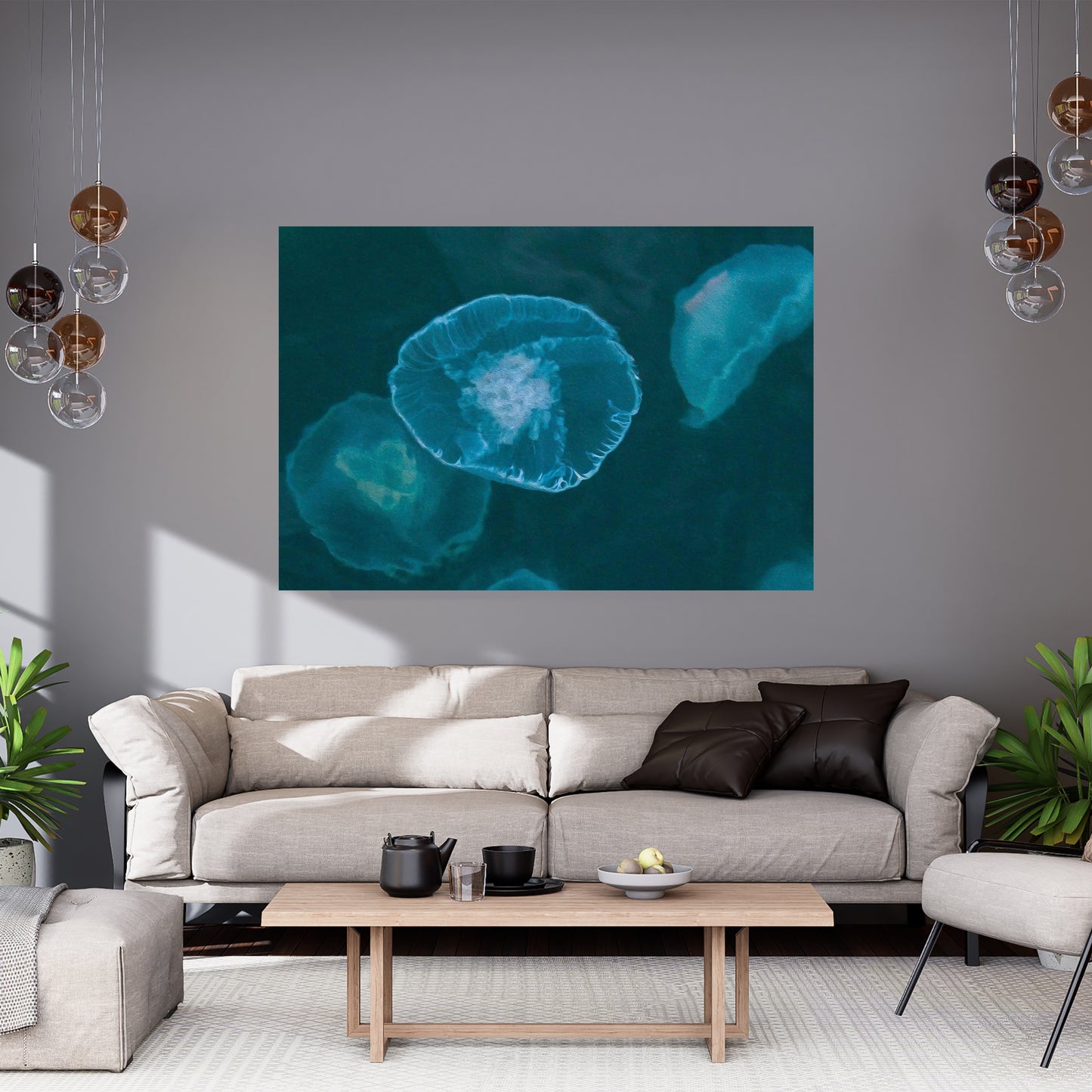 Neutral living room featuring alaska jellyfish teal large photography art hanging on wall