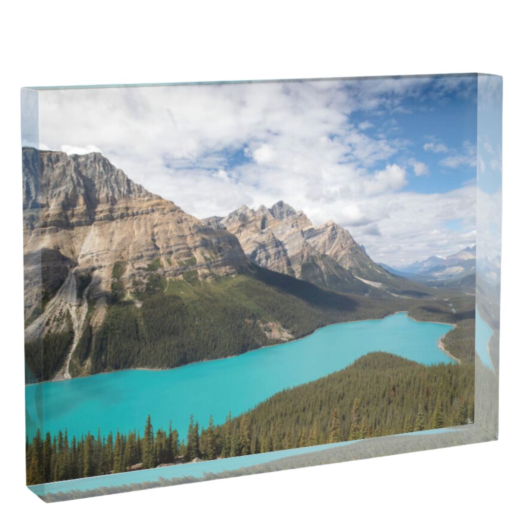 Acrylic block shelf decor 7x5 of Peyto Lake in Banff National Park Canada. Landscape photography captures the scene perfectly.