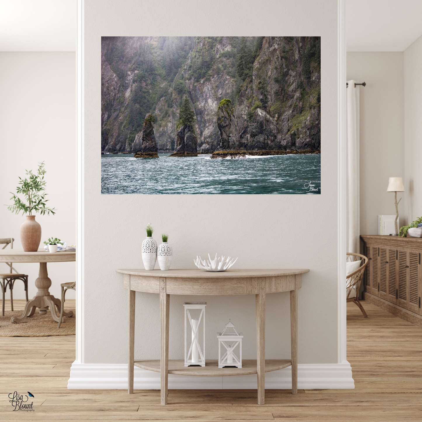 hallway with large art of trees growing on rocks above teal blue water in resurrection bay alaska