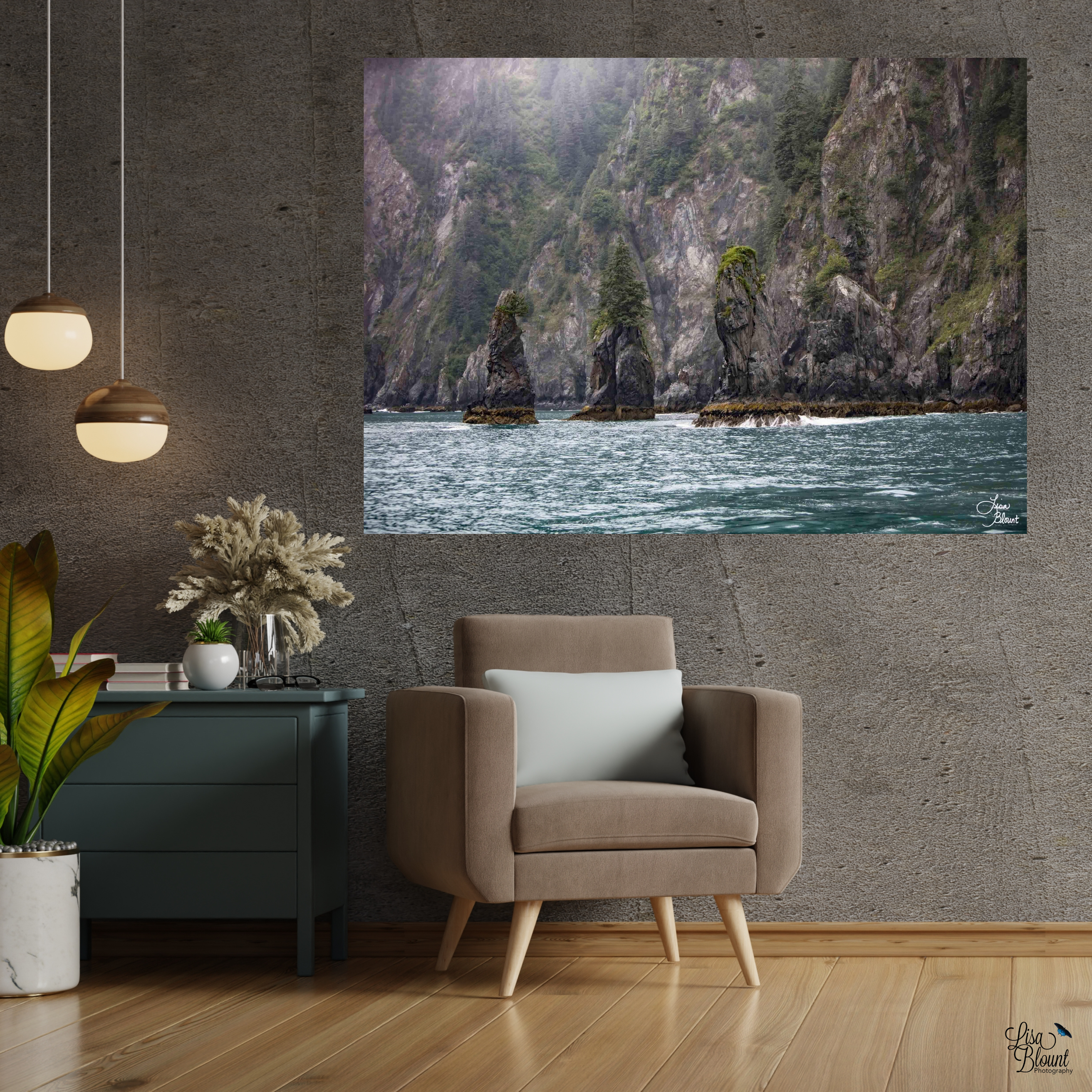 dark wall sitting area featuring a large art of trees growing on rocks in resurrection bay kenai fjords alaska
