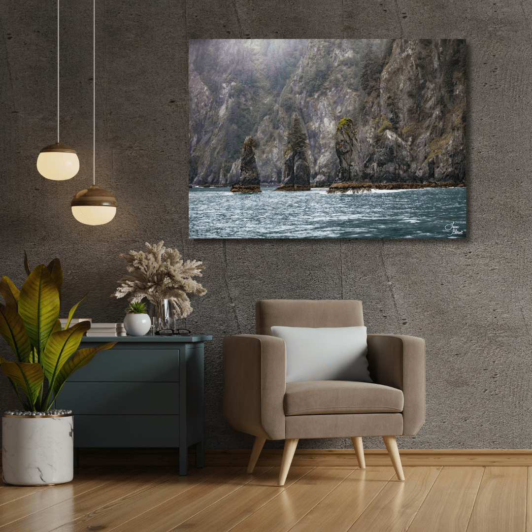dark wall sitting area featuring a large art of trees growing on rocks in resurrection bay kenai fjords alaska