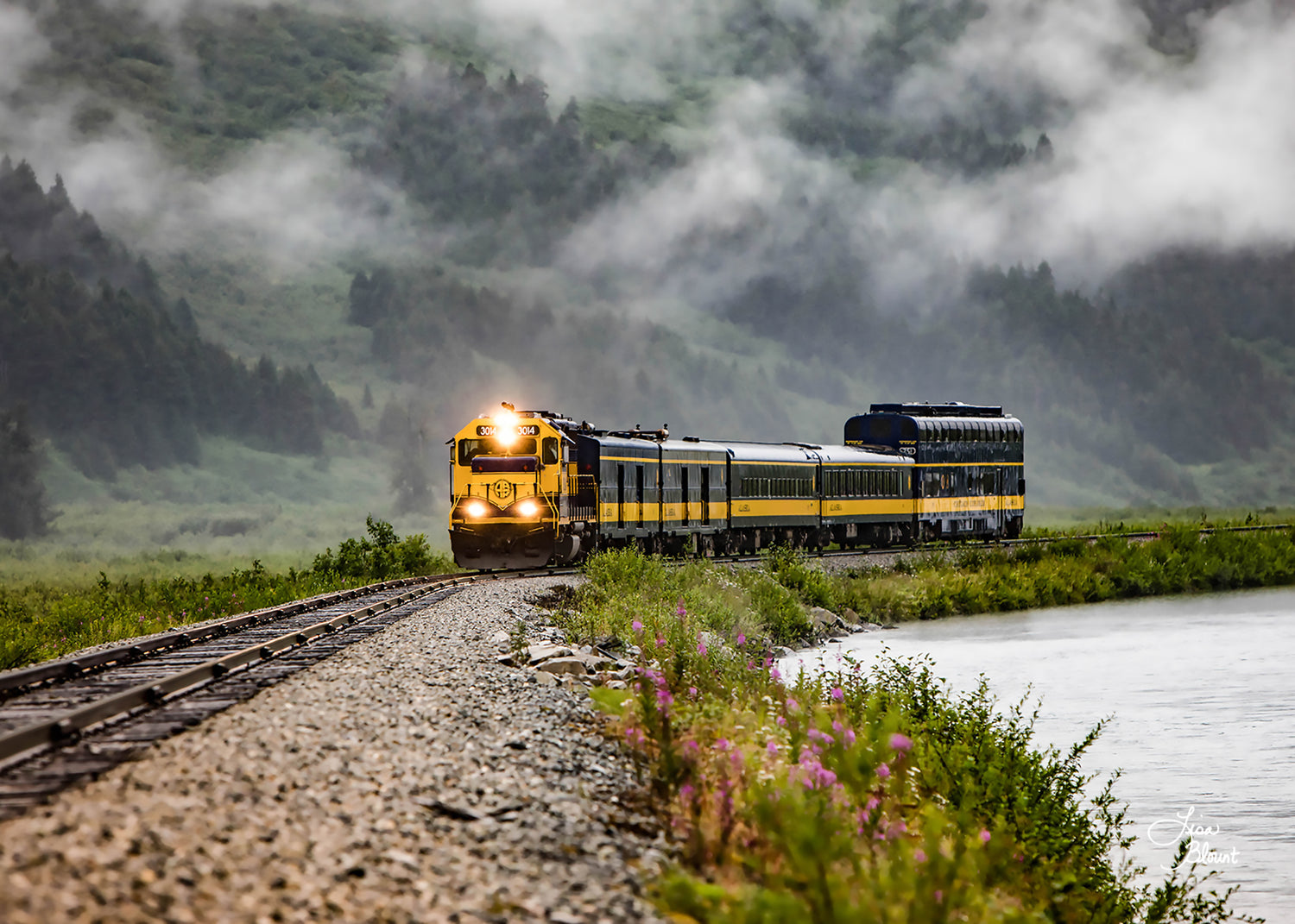 Alaska train on tracks by water