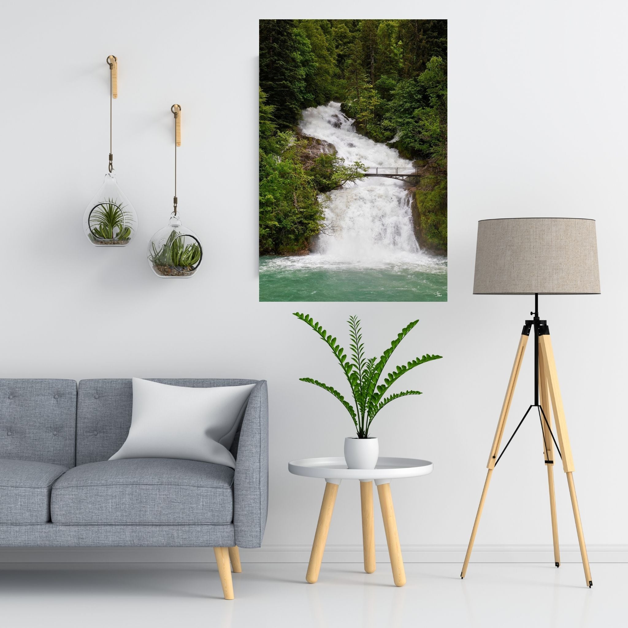 20x30 museum mounted wall art of Giessbach Falls lower cascade waterfall into Lake Brienz hanging on white wall in nature focused living room