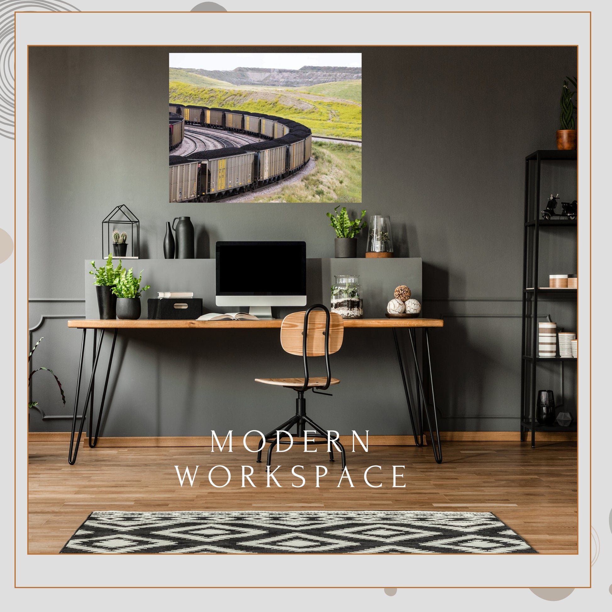 modern wfh workspace featuring abstract brushed metal coal cars large wall art decor