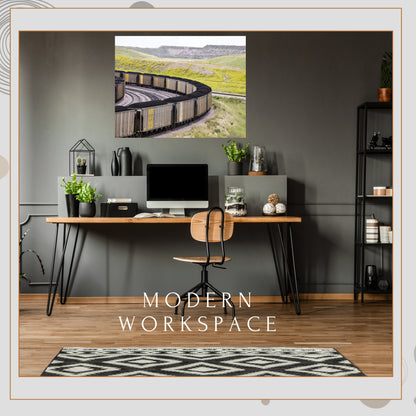 modern wfh workspace featuring abstract brushed metal coal cars large wall art decor